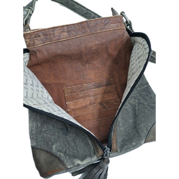 Mona B Cross City Crossbody Canvas Bag Distressed Y Zipper Credit Card Leather - Picture 2 of 7